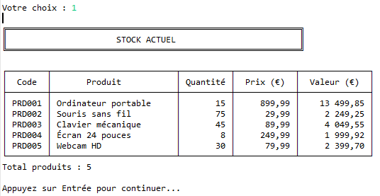 menu afficher le stock