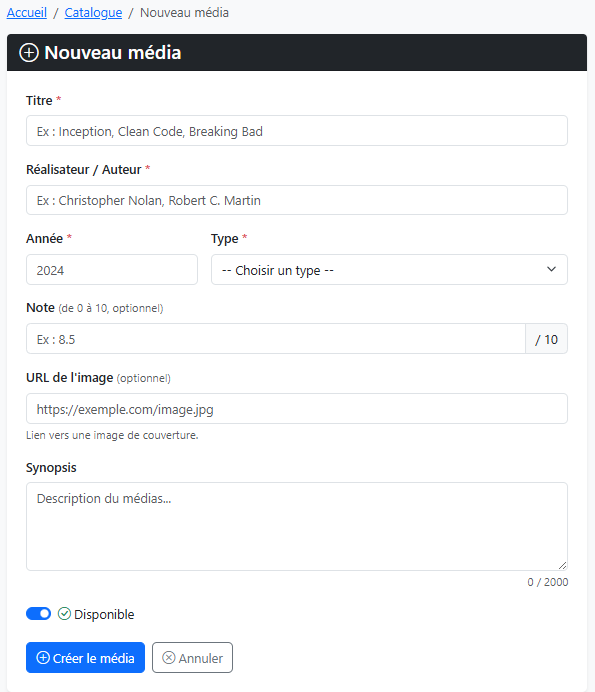 liste des médias du catalogue